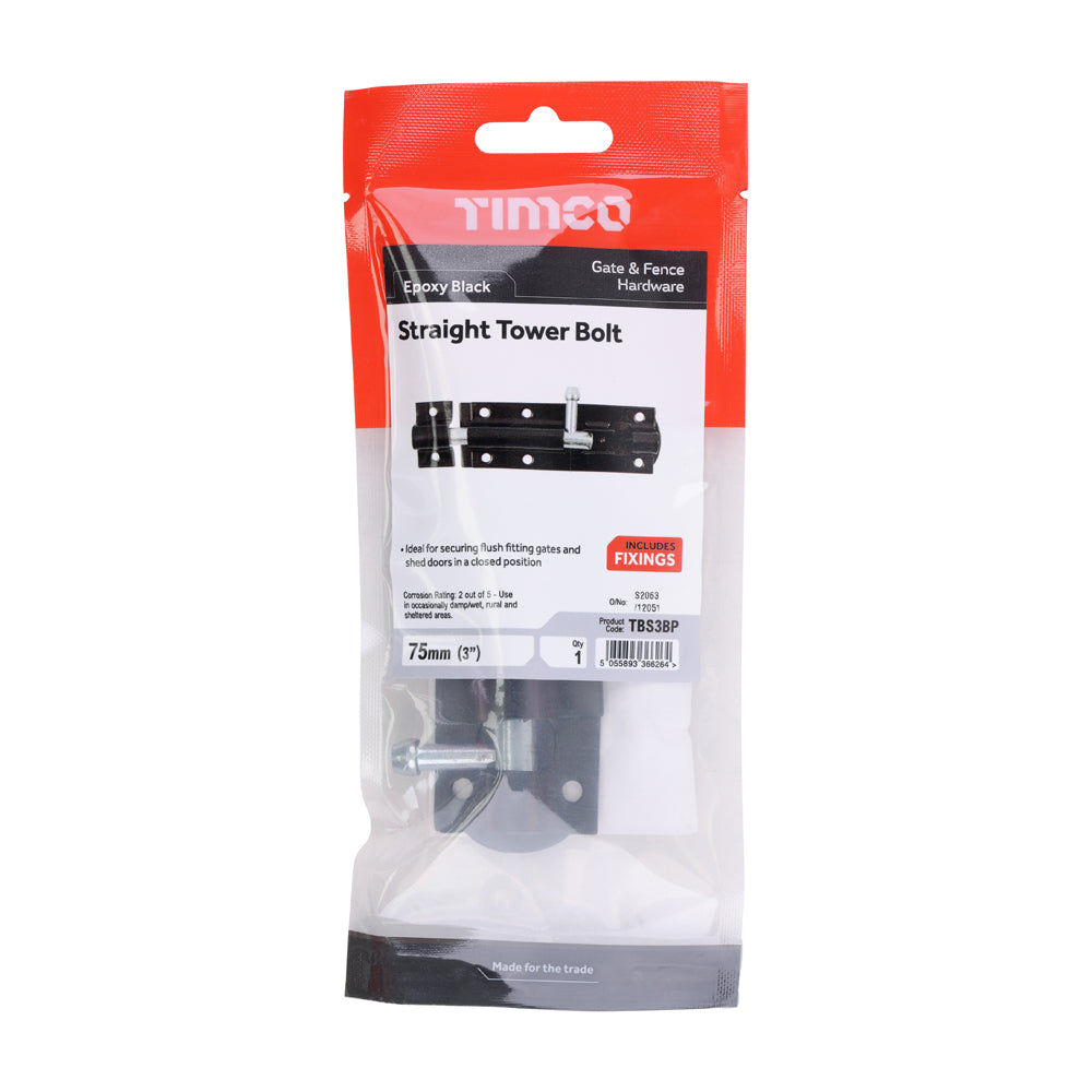 Straight Tower Bolt - Black | 3" | TIMpac additional image 2
