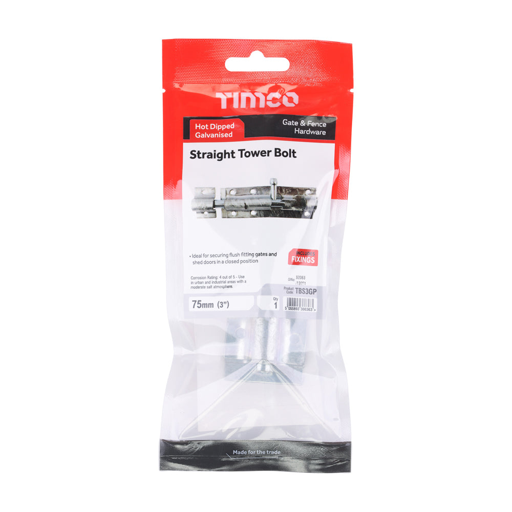 Straight Tower Bolt - Hot Dipped Galvanised | 3" | TIMpac additional image 2