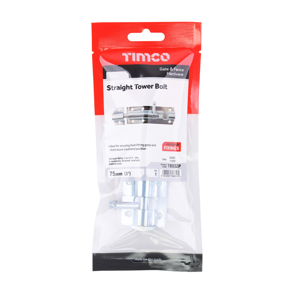 Straight Tower Bolt - Zinc | 3" | TIMpac additional image 2