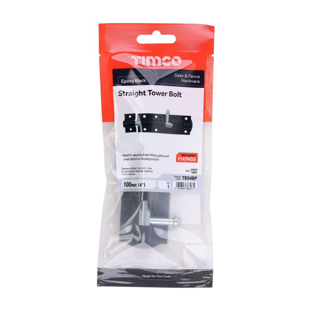 Straight Tower Bolt - Black | 4" | TIMpac additional image 2