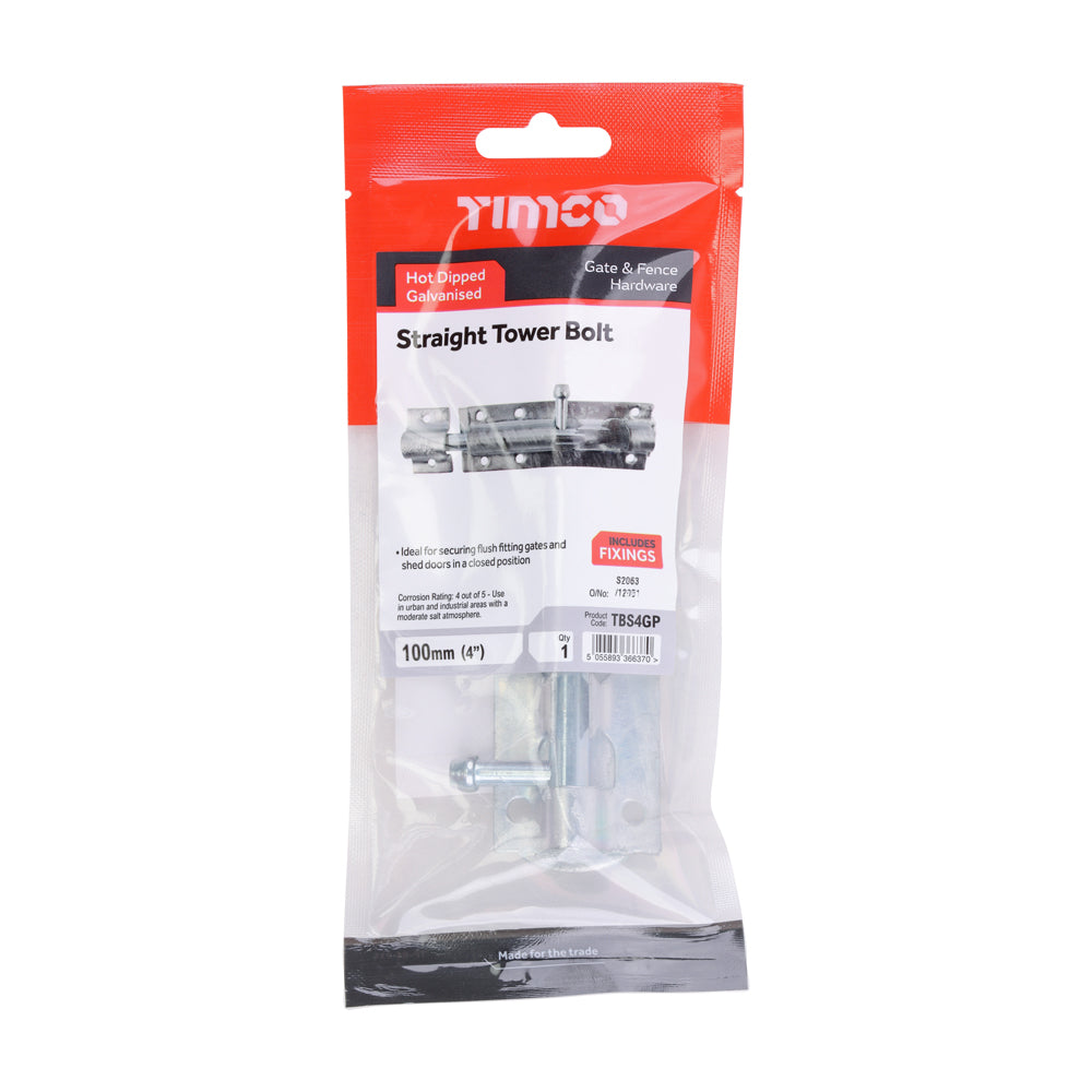 Straight Tower Bolt - Hot Dipped Galvanised | 4" | TIMpac additional image 2