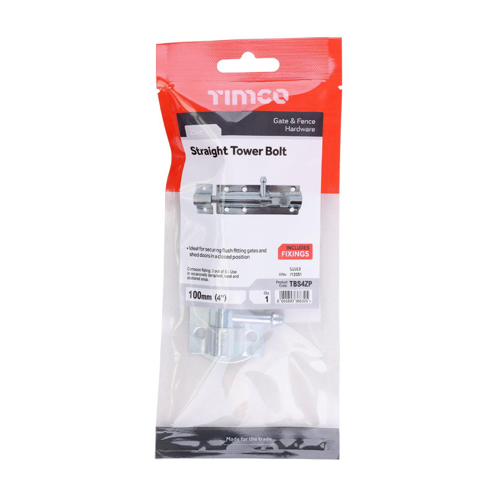 Straight Tower Bolt - Zinc | 4" | TIMpac additional image 2