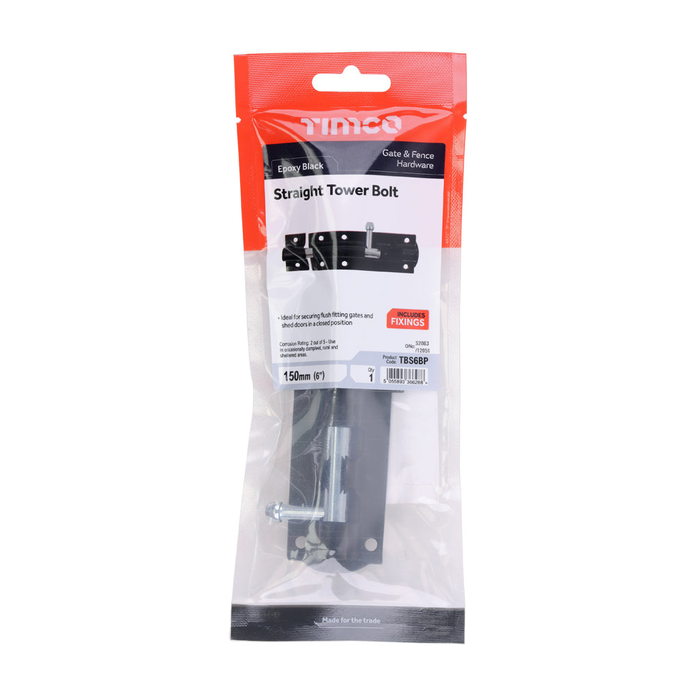 Straight Tower Bolt - Black | 6" | TIMpac additional image 2
