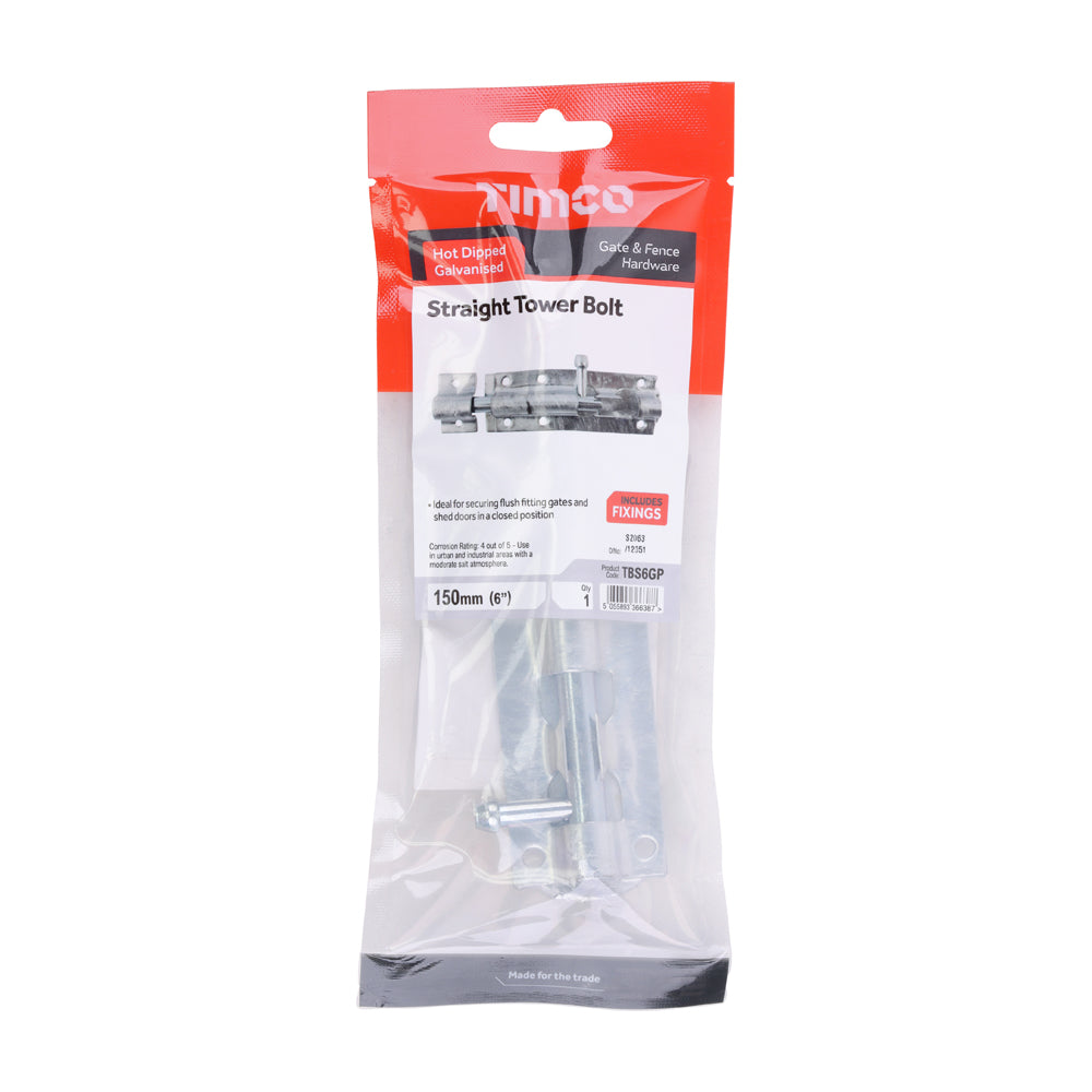 Straight Tower Bolt - Hot Dipped Galvanised | 6" | TIMpac additional image 2