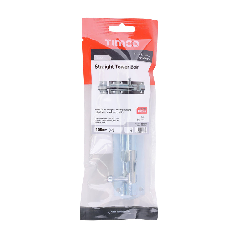 Straight Tower Bolt - Zinc | 6" | TIMpac additional image 2