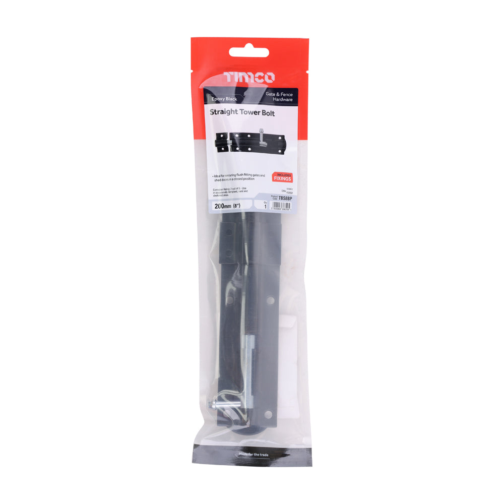 Straight Tower Bolt - Black | 8" | TIMpac additional image 2
