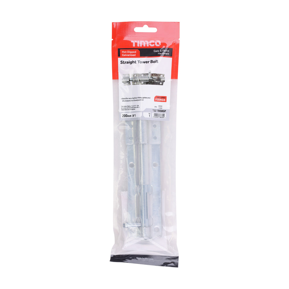 Straight Tower Bolt - Hot Dipped Galvanised | 8" | TIMpac additional image 2