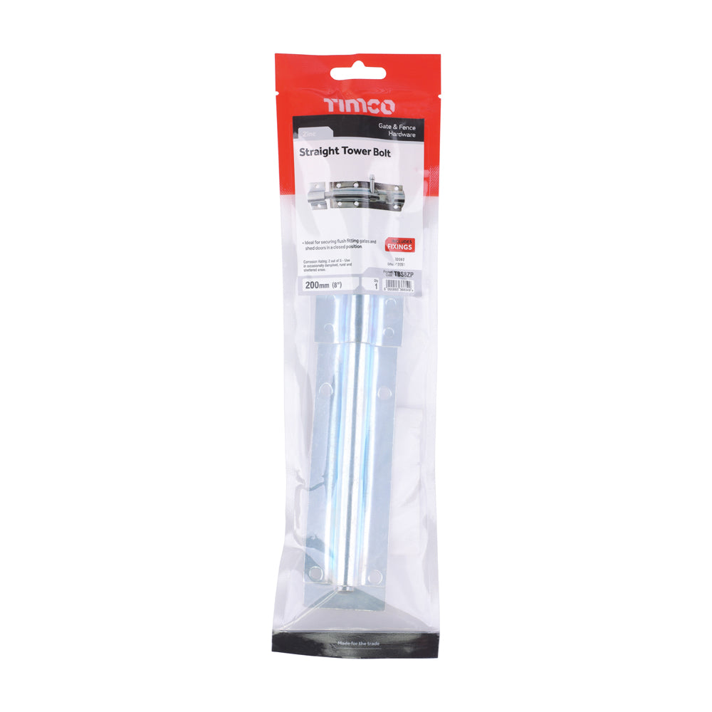Straight Tower Bolt - Zinc | 8" | TIMpac additional image 2