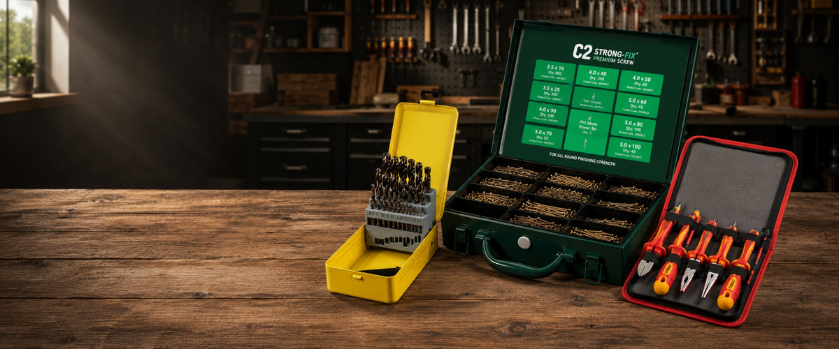 TIMCO screws, drill bits and hand tools on a workbench